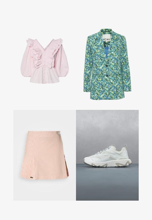 Bloemenblazer van lichtgewicht stof, met een mix van groene en blauwe bloemen op een donkere achtergrond, twee knopen en klepzakken.; Roze katoenen blouse met een diepe V-hals, gerimpelde details langs het lijfje en volumineuze pofmouwen met knoopsluiting.; Roze en witte gestreepte rok met een wikkeldesign, voorzien van een knoopsluiting en een klein geborduurd logo aan de onderkant. De stof heeft een gladde textuur.; Witte sportsneaker met gedetailleerde zool en gestructureerd bovenwerk, zwevend boven een houten tegelvloer met groen in de achtergrond en een grijze muur.