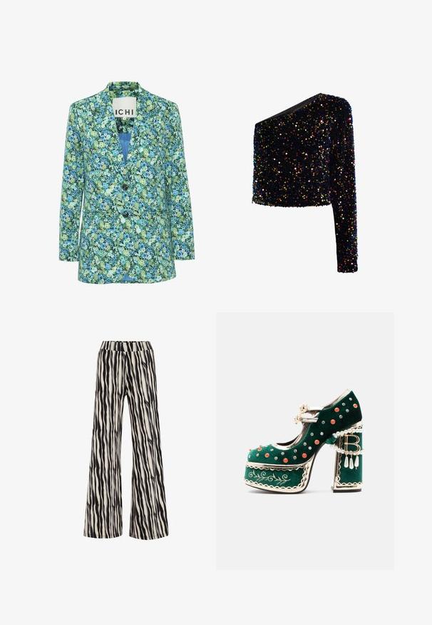 Bloemenblazer van lichtgewicht stof, met een mix van groene en blauwe bloemen op een donkere achtergrond, twee knopen en klepzakken.; Zwarte cropped top met één mouw, bedekt met meerkleurige glanzende pailletten, met een aansluitend silhouet.; Voorzien van een zwart-wit tijgerstrepenpatroon, zijn deze wide-leg broeken gemaakt van een gestructureerde stof met een elastische tailleband.; Groene fluwelen platformschoen met decoratieve rode en zilveren studs, parelriemen, gouden biezen, borduurwerk en een blokhak met hangende parels en een "B" bedel.