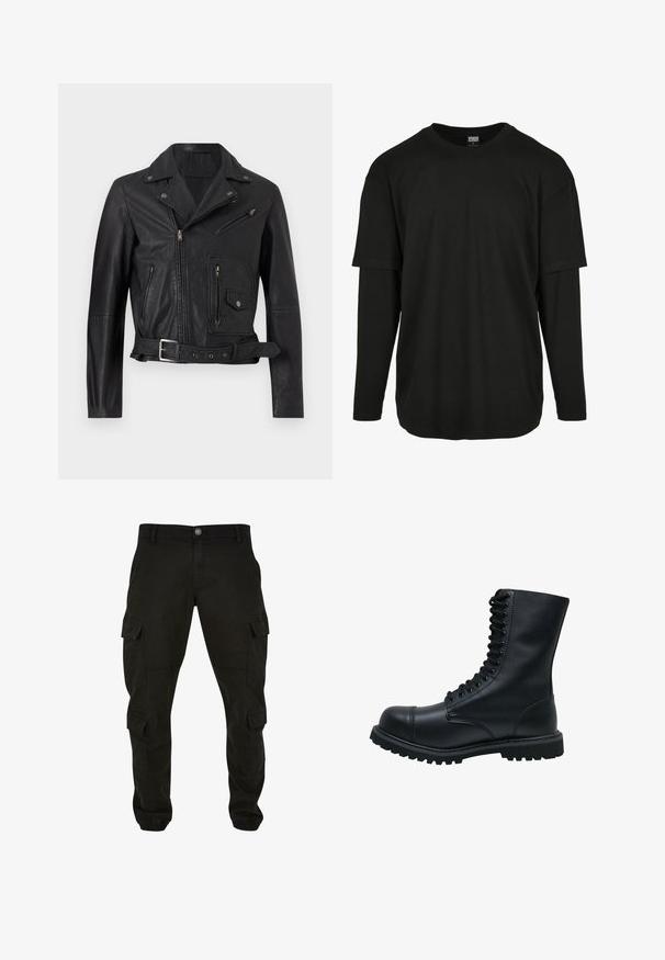 Čierna kožená motorkárska bunda s asymetrickým zipsom, troma vreckami na zips, cvokmi na golieri a opaskom v páse.; Urban Classics OVERSIZED SHAPED DOUBLE LAYER LS TEE - Top s dlhým rukávom - black/black; Čierne cargo nohavice vyrobené z bavlny, s viacerými bočnými vreckami, rovným strihom a elastickými manžetami na členkoch.; Čierne kožené šnurovacie čižmy s okrúhlou špičkou, vysokým zvrškom, hrubou gumovou podrážkou a textúrovaným povrchom. Obsahujú zosilnené švy pozdĺž švov.