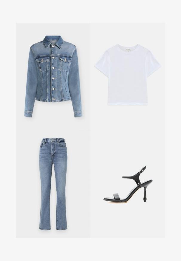 Lyseblå figursyet denimjakke med lange ærmer, sølvknapper foran og to brystlommer med klap og knap.; Hvid cropped t-shirt lavet af blødt bomuld, med rund hals og korte ærmer og en let løs pasform. Ingen mønstre eller accenter.; Højtaljede blå denimjeans med lige ben, der har en klassisk fem-lomme stil og subtile stikninger.; Sort læder sandal med høje hæle, tynde stropper, åben tå og justerbar ankelspænde, vist mod en ensartet hvid baggrund.