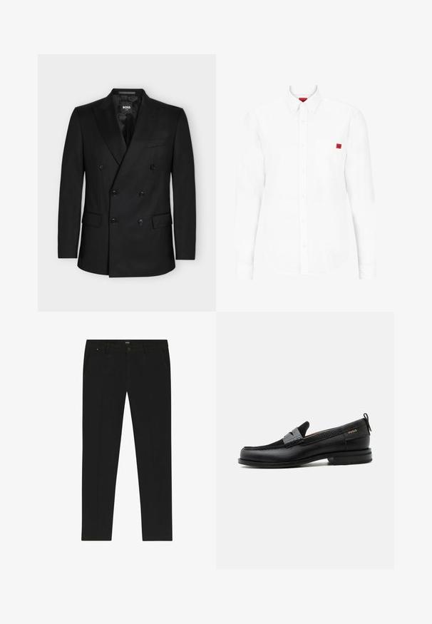 Sort dobbeltradet blazer med seks knapper, hakrevers, to foranliggende lommer med klap og en brystlomme, mærket BOSS ONE indeni kraven.; Langærmet hvid skjorte lavet af bomuld, med krave og knapper, frontlomme og et lille rødt logo på brystet.; Sorte bukser lavet af glat stof med lige ben-design. Har forlommer og en skjult knaplukning. Subtil logo-detalje inkluderet.; Sort læderloafer med grå remdetalje, lav hæl og tekstureret sål, mærket med "HUGO" i guld på siden.