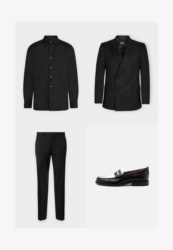 Black double-breasted blazer with six buttons, notch lapels, two front flap pockets, and a breast pocket, labeled BOSS ONE inside the collar.; Black long-sleeve button-up shirt with pointed collar and buttoned cuffs, displayed against a plain light background.; Black tailored trousers made from smooth fabric, featuring a straight leg, refined crease details, and a classic waistband with belt loops.; Black and white leather loafer with stitched detailing, low heel, and a slip-on design, shown from the side on a plain background.