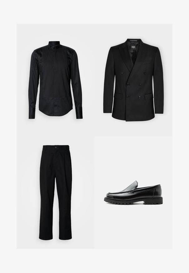 Sort dobbeltradet blazer med seks knapper, hakrevers, to foranliggende lommer med klap og en brystlomme, mærket BOSS ONE indeni kraven.; Sort langærmet skjorte med mandarin-krave, frontpanel med lodrette striber og glat tekstur. Kommer med knaplukninger.; Sorte lige ben bukser med en knaplukket talje, bæltestropper og en frontfold, præsenteret mod en ensfarvet hvid baggrund.; Sort læderloafer med chunky gummisål, syet overdel og præget mærkenavn på hælen, vist i sideprofil på hvid baggrund.