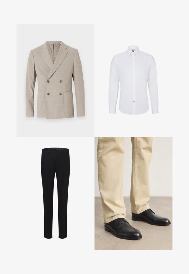 Blazer beige croisé avec un motif rayé texturé, revers crantés et deux poches avant. Doté de boutons ronds en laiton.; Chemise blanche à manches longues avec col boutonné, présentant une rangée de petits boutons et un accent de bouton contrastant.; Pantalons noirs ajustés avec une texture lisse, une coupe droite et des passants de ceinture. Présentent une coupe classique sans motifs ni accents visibles.; Chaussures noires en cuir à lacets avec un bout arrondi, finition lisse et détails de couture subtils, portées avec un pantalon beige clair.
