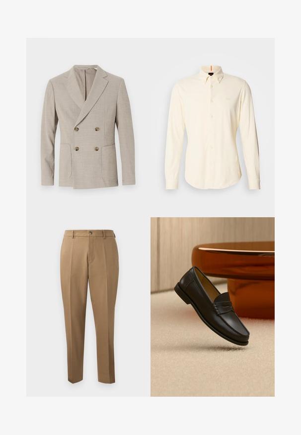 Blazer beige de doble botonadura con un patrón de rayas texturadas, solapas acentuadas y dos bolsillos frontales. Presenta botones redondos de latón.; Camisa de manga larga, tipo botoné, en algodón color beige claro; cuenta con un cuello clásico y un pequeño detalle de logo en la parte superior izquierda del pecho.; Pantalones marrones a medida con corte recto, pinzas simples, trabillas para cinturón y cierre frontal con botón. Tela suave con una textura mate.; Zapato mocasín de cuero negro suspendido sobre una alfombra beige con muebles modernos de color ámbar en el fondo.