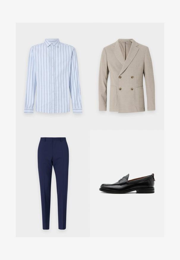 Beige einreihiger Blazer mit strukturiertem Streifenmuster, Reverskragen und zwei vorderen Taschen. Ausgestattet mit runden Messingknöpfen.; Helles blaues Langarmhemd mit weißen und marineblauen vertikalen Streifen, Button-Down-Kragen und vorderem Knopfverschluss. Knackige Stofftextur.; Marineblau maßgeschneiderte Hose mit schlanker Passform, die eine glatte Textur, einen flachen Vorderteil und gepolsterte Beine aufweist. Keine sichtbaren Taschen oder Verzierungen.; Schwarzer Leder-Herrenschuh mit Mokassinnaht, Penny-Riemen, strukturiertem Kragen und niedrigem gestapeltem Absatz auf weißem Hintergrund.