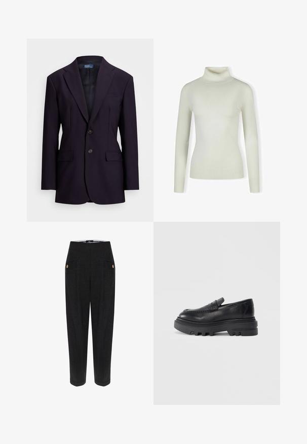 Tummansininen blazer, joka on valmistettu tekstuurikankaasta, ja siinä on yksirivinen muotoilu, saket, kaksi etutaskua ja kaksinappeinen kiinnitys.; Vaaleancreme turtleneck-pusero, joka on valmistettu pehmeästä, ribatusta materiaalista; kapea malli, jossa on pitkät hihat ja teksturoitu helmus. Ei kuvioita tai yksityiskohtia.; Musta räätälöity housut, joissa on teksturoitu kangas, etutaskut, kultasävytteiset nappikoristeet ja kapeneva siluetti.; Musta nahkainen loafer, jossa on jykevä musta pohja ja rakenteellinen hihnayksityiskohta. Sileä viimeistely ja pyöristetty muoto korostavat sen modernia muotoilua.