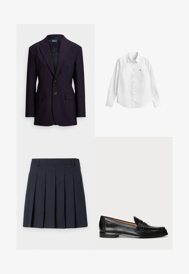 Blazer marine foncé en tissu texturé, avec un design à un bouton, des revers en notch, deux poches avant et une fermeture à deux boutons.; Chemise blanche à manches longues avec boutons, fabriquée dans un tissu légèrement texturé. Dotée d'une poche avant avec un petit logo brodé et d'un col classique.; Jupe plissée bleu foncé avec une ceinture plate, fabriquée en tissu lisse. Elle présente plusieurs plis verticaux et une coupe ajustée.; Lauren Ralph Lauren WYNNIE - Chaussons - black