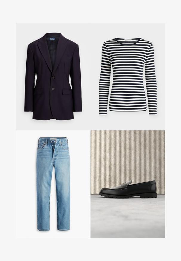 Mørkeblå blazer lavet af tekstureret stof, med enkeltknappet design, slagkraver, to forlommer og to knaplukninger.; Langærmet skjorte med navy og hvide horisontale striber og rund halsudskæring, mærket GANT på ærmekanten.; Lyseblå denimjeans med knappelukning, lige ben, fem lommer og subtil falming. Kobbernitter og syningsdetaljer er synlige.; Sorte læder loafers med en hævet søm, guld accentlogo og tekstureret rem. Har en tykk, holdbar gummisål.