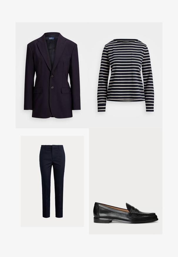 Tummansininen blazer, joka on valmistettu tekstuurikankaasta, ja siinä on yksirivinen muotoilu, saket, kaksi etutaskua ja kaksinappeinen kiinnitys.; Musta sininen pitkähihainen paita, jossa on valkoisia vaakasuoria raitoja, pyöreä kaula-aukko ja pieni rintatasku. Olkapäillä on napin yksityiskohtia.; Laivastonsiniset räätälöidyt housut, kapealla istuvuudella, joissa on suora etuosa, sivutaskut ja sileä pinta. Pelkistetty malli ilman näkyviä kuvioita.; Lauren Ralph Lauren WYNNIE - Loaferit/pistokkaat - black
