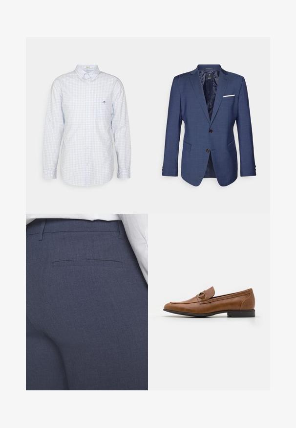 Námornícky modrý blazer so štruktúrovaným dizajnom, dvojitými gombíkmi, klopami a náprsníkom s bielym akcentom. Textúrovaný povrch látky.; Svetlomodrá kockovaná košeľa na gombíky s dlhými rukávmi, golierom a malým logom na hrudi. Vyrobená z bavlny, s hladkou textúrou.; Tmavomodré nohavice na mieru zo štruktúrovanej tkaniny s rovnou prednou časťou, jemným zadným vreckom a čistými líniami. Žiadne viditeľné kovové prvky ani ozdoby.; Hnedé kožené mokasíny s plochým podpätkom, s dekoratívnym metalickým akcentom na prednej strane, elegantným dizajnom a hladkou textúrou.