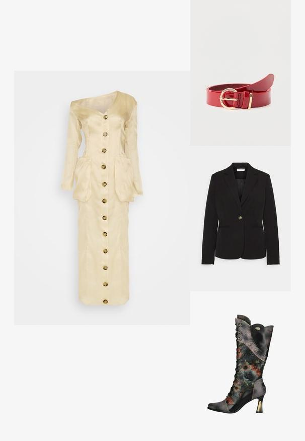 LASCANA Blazer - schwarz; A.W.A.K.E. MODE OFF SHOULDER ORGANDY WITH POCKETS - Cocktailjurk - beige; Dames zwarte leren hoge hak veterlaars met reliëf bloemenpatronen en meerkleurige bloemenprint op de schacht en voet.; Rode glanzende leren riem opgerold met een ronde gouden metalen gesp en bijpassende gouden riemlus op een witte achtergrond.