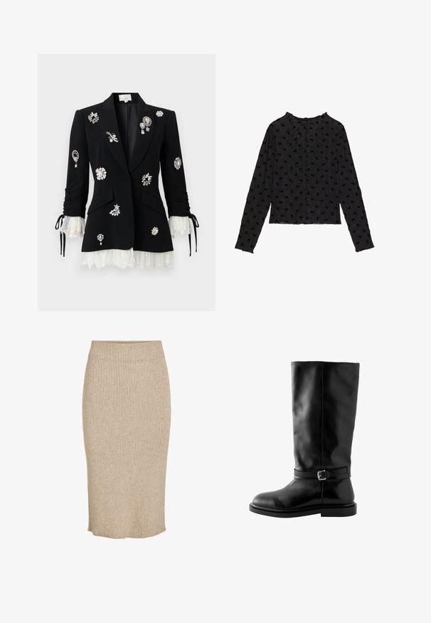 Sort skræddersyet blazer med hvide blonder på manchetter og kant, pyntet med forskellige sølv- og perlebrocher foran og på ærmerne.; Sort langærmet top i et tekstureret stof med et bølget design og hævede sløjfemønstre over hele overfladen. Rund halsudskæring og tætsiddende silhuet.; Strik nederdel i en lys beige farve med lodret ribbestruktur, knælang med elastisk talje og lige skæring.; Sorte læder knæhøje støvler med rund tå, slank ankelrem og metalspænde, flad sål og glat tekstur.