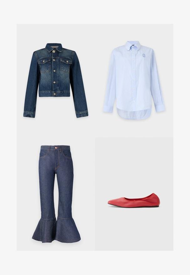 Chaqueta vaquera azul oscuro con mangas largas, botones metálicos, dos bolsillos en el pecho con solapas y cuello clásico, mostrada sobre un fondo liso.; Camisa de botones con rayas verticales en azul claro y blanco, mangas largas, bajo curvado y pequeño logo de parche en el pecho izquierdo.; Jeans de mezclilla azul oscuro de pierna acampanada con un dobladillo con volantes, cinco bolsillos y costuras de contraste en color naranja. Cintura de altura media con cierre de botón en el frente.; Filippa K REY FLATS - Bailarinas - bright red
