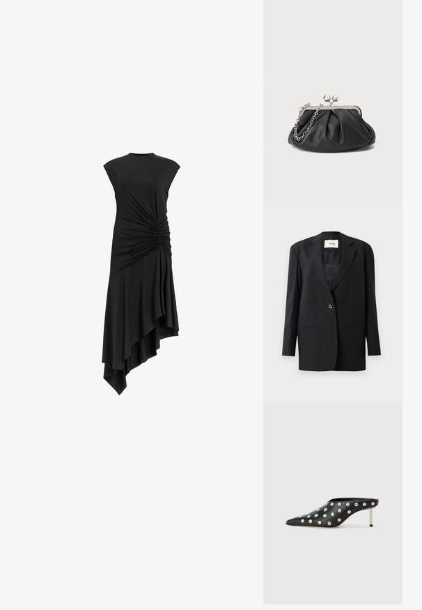 Zwarte op maat gemaakte blazer met een geknipte kraag, enkele knoopsluiting, twee voorzakken en een elegante, gladde structuur.; Zwarte mouwloze jurk met geplooide details aan de zijkant, voorzien van een asymmetrische zoom die elegant valt. Zachte stofstructuur.; STAND STUDIO KELSEY - Muiltjes met hak - black; Zwarte leren clutch met geplooide textuur, zilverkleurig metalen frame, drukknopsluiting en kettingriem. Glad, zacht oppervlak.