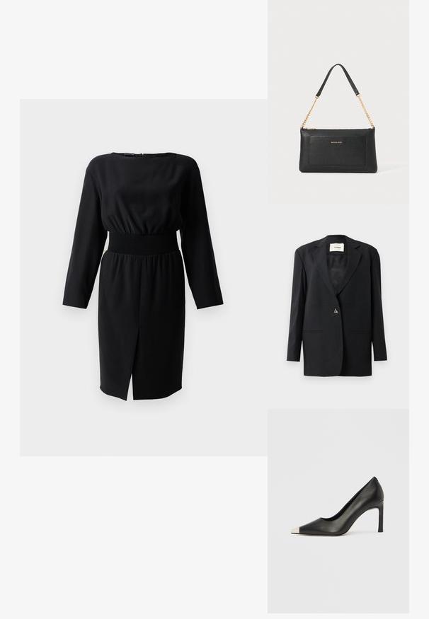 Sort skræddersyet blazer med en spids krave, enkelt knaplukning, to forlommer og en glat, strømlinet tekstur.; Sort langærmet kjole med rund hals, elastisk talje, tekstureret stof og en sideslids. Lynlås lukning bagpå.; Sort læder højhælet sko med spids tå og metal-sølv hætte. Har en glat finish og en slank hæl på 10 cm.; Sort læder clutch med pebble-tekstur, guld kædestrop og en frontlomme. Har et guld logo på forsiden.
