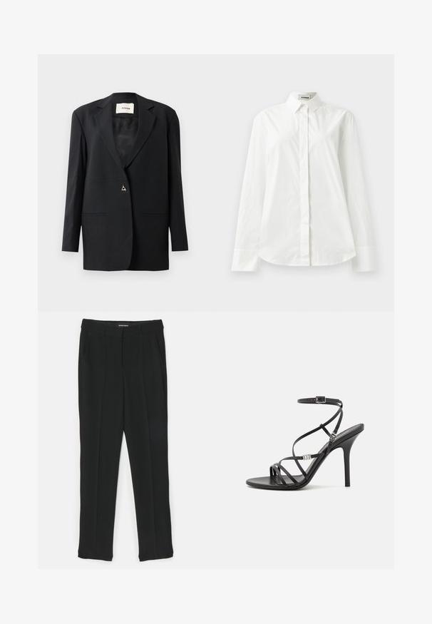 Blazer noir ajusté avec un col cranté, fermeture à un bouton, deux poches à l'avant et une texture lisse et élégante.; Chemise blanche en coton à manches longues avec un col pointu, fermeture à boutons sur le devant et ourlet arrondi. Texture lisse, coupe régulière et sans motifs.; Pantalon noir au design droit, avec plis, poches latérales et texture lisse. Fabriqué en tissu léger.; Sandale noire à talons hauts avec des brides fines, une boucle à la cheville, une surface en cuir lisse et un talon aiguille élancé.