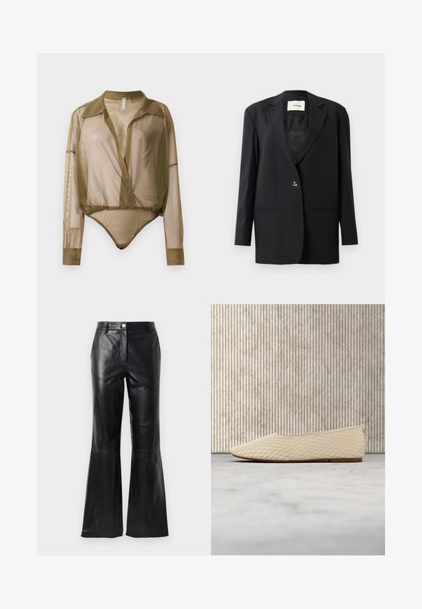 Sort skræddersyet blazer med en spids krave, enkelt knaplukning, to forlommer og en glat, strømlinet tekstur.; Gennemsigtig langærmet bodysuit i olivengrøn, med krave, dyb V-hals og en tætsiddende pasform ved taljen med bodysuit-bund.; Sorte faux læderbukser med høj talje, knaplukning, bæltesløjfer og flagrende ben foran en hvid baggrund.; Beige slip-on flad sko med subtilt diagonalt sømmønster, placeret oven på et struktureret tæppe, med et rundt bord i ravfarve i baggrunden.