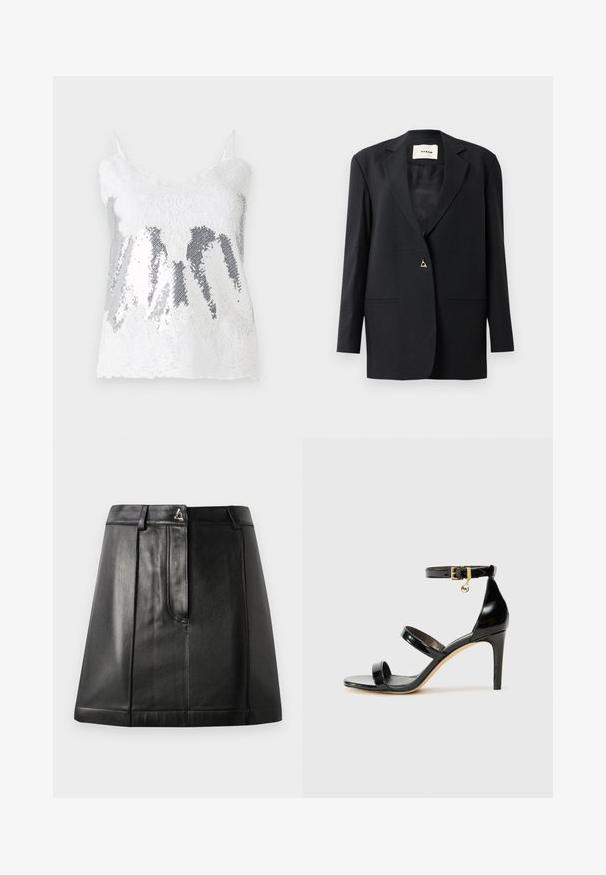 Blazer noir ajusté avec un col cranté, fermeture à un bouton, deux poches à l'avant et une texture lisse et élégante.; Débardeur en dentelle blanche avec un corsage en sequins argentés créant un effet dégradé. Bretelles fines ajustables et ourlet en dentelle festonnée.; Jupe en cuir noir avec une forme structurée, dotée d'une poche avant et d'un accent métallique à la taille. Texture lisse et détails de couture.; Sandale en cuir verni noir avec trois brides, boucle de cheville et talon aiguille de 10 cm. Présente un détail en métal doré et un charm logo.