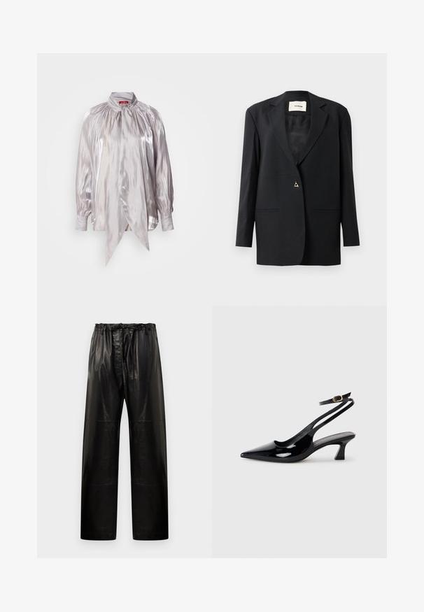 Blazer noir ajusté avec un col cranté, fermeture à un bouton, deux poches à l'avant et une texture lisse et élégante.; Blouse argentée en tissu brillant, avec un col haut, un buste froncé et de longues manches bouffantes avec des poignets boutonnés. Détail de nœud remarquable à l'avant.; Pantalons en cuir noir avec une coupe décontractée, taille élastique et cordon de serrage. Présente une texture lisse et un design à jambes larges.; Escarpins à brides arrière en cuir verni noir, à bout pointu, avec un petit talon carré et une sangle de cheville ajustable dotée d'une boucle dorée.