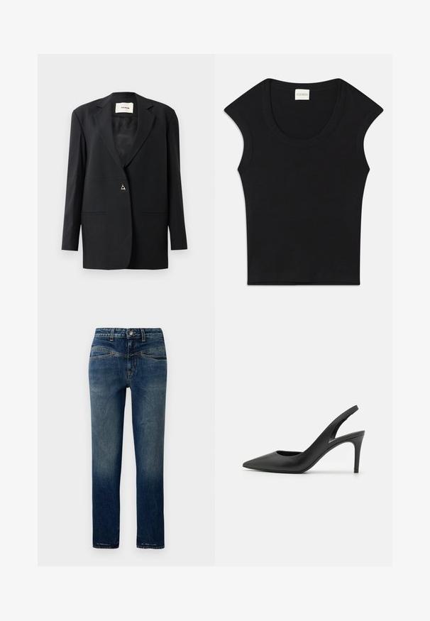 Zwarte op maat gemaakte blazer met een geknipte kraag, enkele knoopsluiting, twee voorzakken en een elegante, gladde structuur.; Zwarte mouwloze top van zachte stof met een ronde halslijn en een aangesloten pasvorm. Bevat een label met de tekst "CLOSED" aan de hals.; Donkerblauwe denim jeans met een rechte snit, voorzien van lichte vervaging, oranje stiksels en een knoopsluiting in de taille.; Zwarte leren slingback hoge hakken met een puntige neus, met een uitsparing aan de voorkant en een dunne stilettohak.