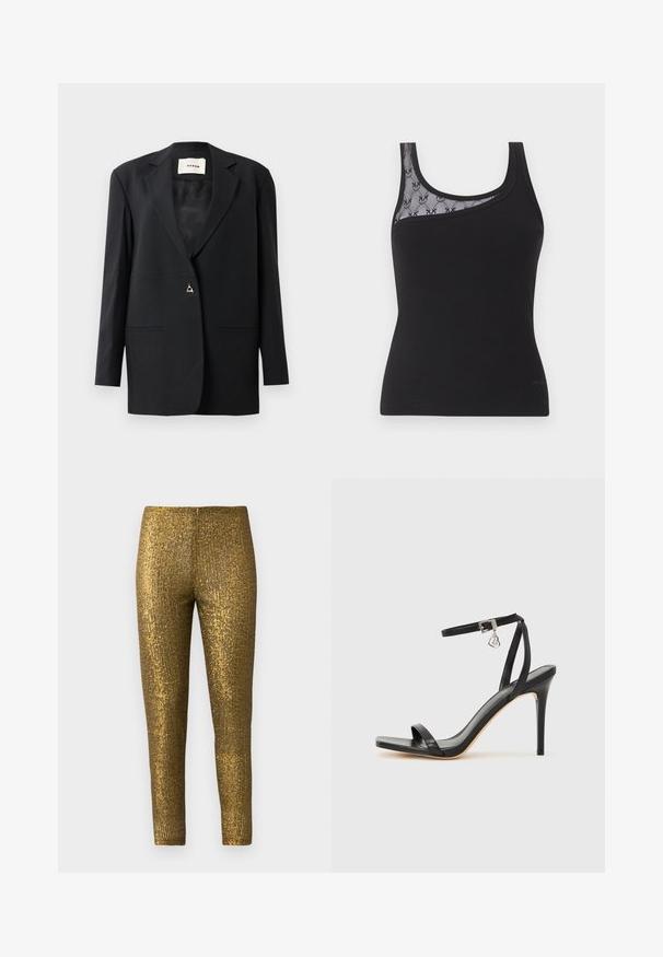 Zwarte op maat gemaakte blazer met een geknipte kraag, enkele knoopsluiting, twee voorzakken en een elegante, gladde structuur.; Zwarte mouwloze tanktop van geribbelde stof met een transparante kanten inzet met een bloemmotief op één schouder.; Gouden metallic legging met een getextureerd, verticaal streep patroon. De stof heeft een glanzende afwerking en een slanke, aansluitende pasvorm.; Zwarte sandaal met hoge hak, smalle enkelband, vierkante neus, soepel leermateriaal en metalen gespsluiting.