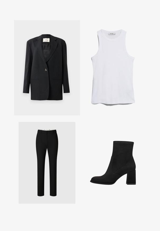 Blazer noir ajusté avec un col cranté, fermeture à un bouton, deux poches à l'avant et une texture lisse et élégante.; Débardeur blanc à côtes, avec un col rond et de larges emmanchures. Présente une texture lisse et un ourlet droit. L'étiquette indique "IVY OAK."; Pantalon noir ajusté en tissu lisse, présentant une coupe droite, des passants de ceinture et des coutures minimales visibles.; Bottines noires à talon bloc, en suède doux. Elles présentent un bout arrondi et des panneaux latéraux lisses avec des détails de couture.