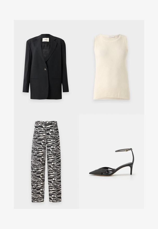 Sort skræddersyet blazer med en spids krave, enkelt knaplukning, to forlommer og en glat, strømlinet tekstur.; Ärmløs cremefarvet top med ribbet tekstur og rund halsudskæring. Stoffet ser blødt ud, med en tætsiddende form og ingen synlige mønstre eller accenter.; Zebra-stribede bukser i sort og hvid med lige ben, der har en knap- og lynlåslukning samt to frontlommer.; Sort læder højhælet sko med spids tå, åbne sider og en tynd ankelrem med en lille guld detalje.
