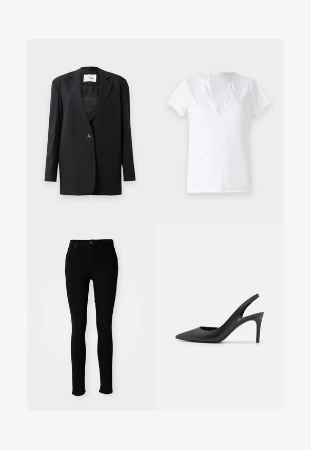 Zwarte op maat gemaakte blazer met een geknipte kraag, enkele knoopsluiting, twee voorzakken en een elegante, gladde structuur.; Witte katoenen t-shirt met korte mouwen, een losse pasvorm en een V-halslijn met een patte met vijf decoratieve knopen.; Zwarte skinny jeans van denim met een gladde textuur, voorzien van een knoopsluiting, riemlussen en zonder zichtbare beschadigingen.; Zwarte leren slingback hoge hakken met een puntige neus, met een uitsparing aan de voorkant en een dunne stilettohak.