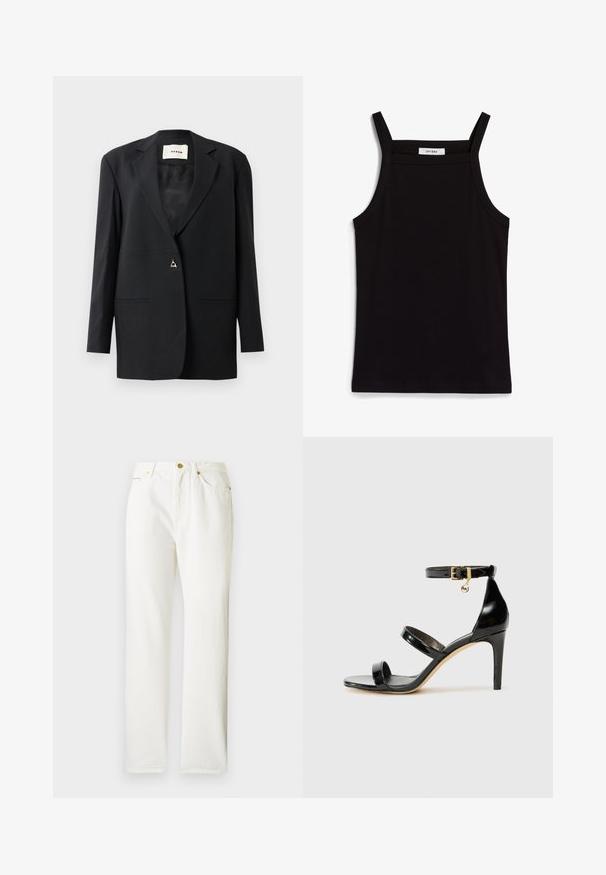 Sort skræddersyet blazer med en spids krave, enkelt knaplukning, to forlommer og en glat, strømlinet tekstur.; Sort tanktop med tynde spaghetti-stropper, lavet af et ribbet stof, med en lige skæring og et mærke ved halsudskæringen, der står "IVY OAK."; Hvide denimbukser med lige ben-design, der har lukning med knap foran og en subtil tekstur. Inkluderer sidelommer og minimalt hardware.; Sorte patenterede lædersandaler med tre stropper, ankelspænde og 10 cm stiletthæl. Har detaljer i guld og et logo charms.