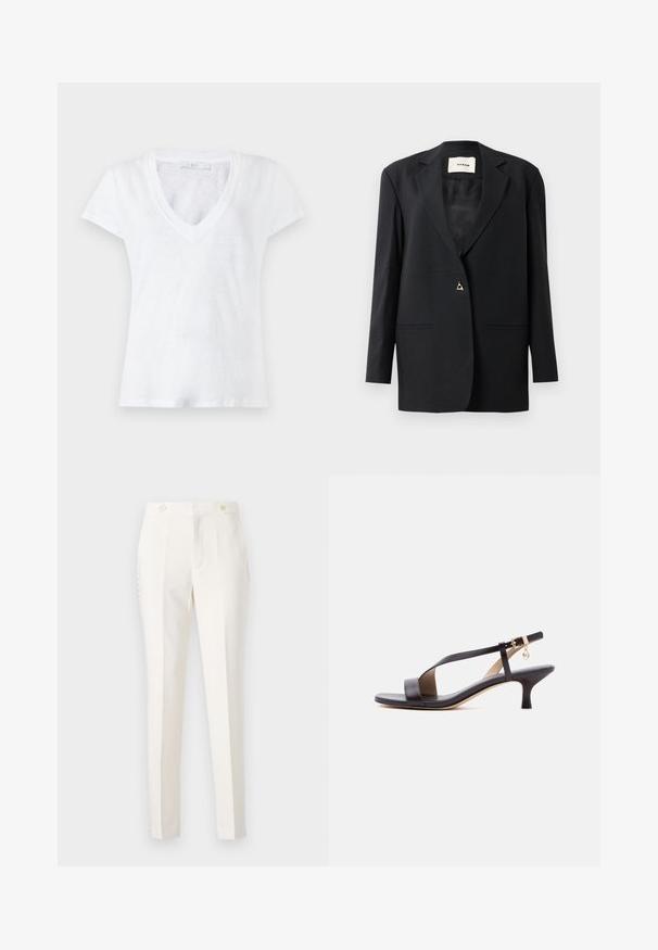 Blazer noir ajusté avec un col cranté, fermeture à un bouton, deux poches à l'avant et une texture lisse et élégante.; T-shirt blanc manches courtes pour femme avec col en V en tissu légèrement texturé sur un fond clair uni.; Pantalon blanc ajusté avec une coupe slim, doté de deux poches avant, d'une fermeture à double bouton et de détails latéraux subtils. Texture lisse.; Sandale à talon kitten en cuir noir avec bout ouvert, bride diagonale, boucle à la cheville et petit charm en or sur fond blanc.