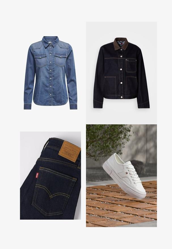 Donkere spijkerjack met bruine kraag, knoopsluiting aan de voorkant, drie zakken en contrasterende stiksels op een witte achtergrond.; Donkerblauw denim shirt met een kraag, lange mouwen, dubbele borstzakken en contrasterende stiksels.; Donkerblauwe Levi's jeans met gele stiksels, achterzak toont rood Levi's label en bruin leren merkpatch op de tailleband.; Witte leren sneaker met veters en een klein rood, wit en blauw logo, zwevend boven een patroon van hout en kiezelstenen buiten.