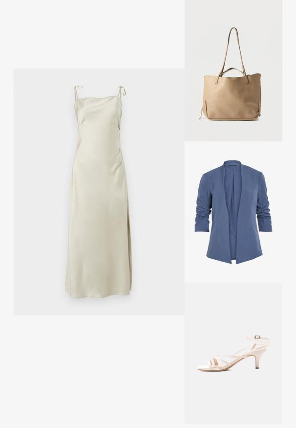 Blazer bleu léger avec un devant ouvert, doté de manches froncées, d'un léger éclat et d'une texture lisse. Coupe ajustée avec une forme moderne.; Robe glissante en satin de couleur beige clair, dotée de bretelles réglables, d'un décolleté droit et d'une fente sur le côté pour plus de confort et de liberté de mouvement.; Sandale blanche à lanières, à bout ouvert, avec un petit talon et une bride à boucle autour de la cheville, sur un fond clair uni.; Sac cabas en cuir beige avec deux longues bandoulières, une surface texturée et un design minimaliste. Il comporte une ouverture supérieure et des liens latéraux.