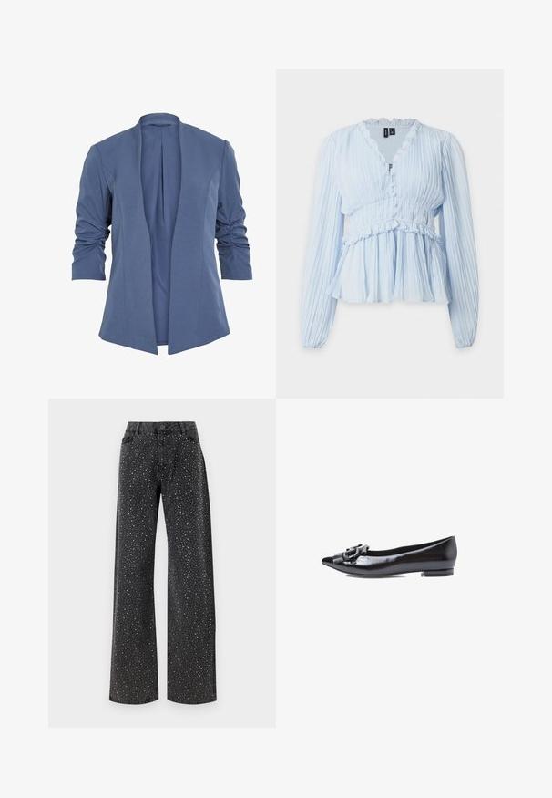 Blå, let blazer med åben front, som har rynkede ærmer, en subtil glans og en glat tekstur. Skræddersyet pasform med en moderne form.; Lyseblå bluse med lange ærmer i plisseret stof, knappet forside, flæsekantet V-hals, elastisk talje og peplumkant.; Noisy May Rhinestone - Jeans Relaxed Fit - black denim; Sort læder flad sko med spidse tæer, der har en dekorativ spænde og frynse detaljer foran, lav rektangulær hæl.