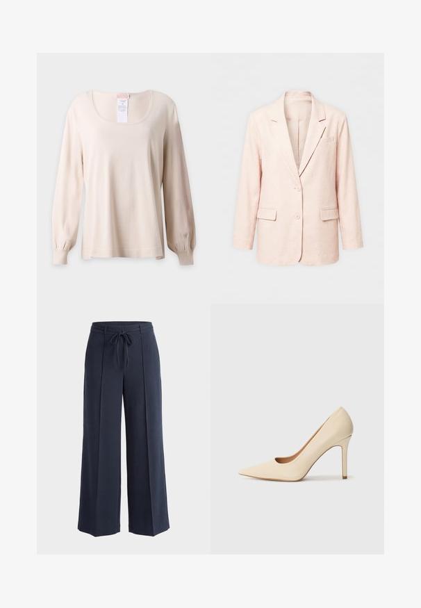 Veste simple boutonnage rose pâle avec revers crantés, deux boutons, deux poches avant à rabat, et une poche poitrine, présentée sur un fond uni.; Pull beige à manches longues avec encolure arrondie et poignets côtelés, présenté sur un fond clair uni.; Pantalon ample bleu marine avec plis à l'avant et ceinture en tissu nouée à la taille sur un fond clair uni.; Escarpin en cuir beige à talon haut avec un bout pointu et un détail découpé sur le côté, possédant un talon stiletto fin pour le soutien.