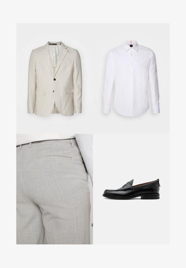 Blazer de lino beige claro con cierre de dos botones, solapas con muesca, dos bolsillos frontales y una ventilación trasera simple. Diseño de corte regular.; Camisa blanca de manga larga y corte clásico, hecha de algodón, que presenta un cuello clásico, un logo sutil cerca del pecho y botones blancos.; Pantalones grises claros a medida hechos de tela texturizada, con un solo bolsillo trasero y costuras limpias.; Mocasín de hombre de piel negra con costura moc toe, tira penny, cuello texturizado y tacón bajo apilado sobre fondo blanco.