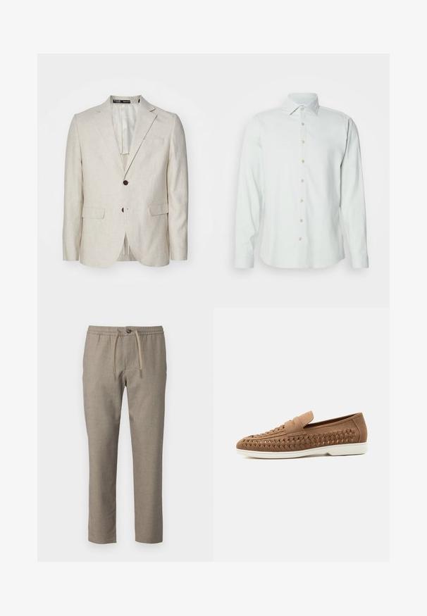 Helle beige Leinenblazer mit einer Zwei-Knopf-Verschluss, Reverskragen, zwei Vordertaschen und einem einzelnen Rückenschlitz. Reguläre Passform.; Hellgrünes Langarmshirt aus weichem Stoff. Verfügt über einen klassischen Kragen, eine durchgehende Knopfleiste und Knopfärmel.; Beige Hose mit elastischem Bund, Kordelzug und geradem Bein. Das Material hat eine dezente Textur.; Brauner Wildleder-Loafer mit geflochtenen Seitendetails und weißer Gummisohle, in Profilansicht auf hellem grauem Hintergrund gezeigt.