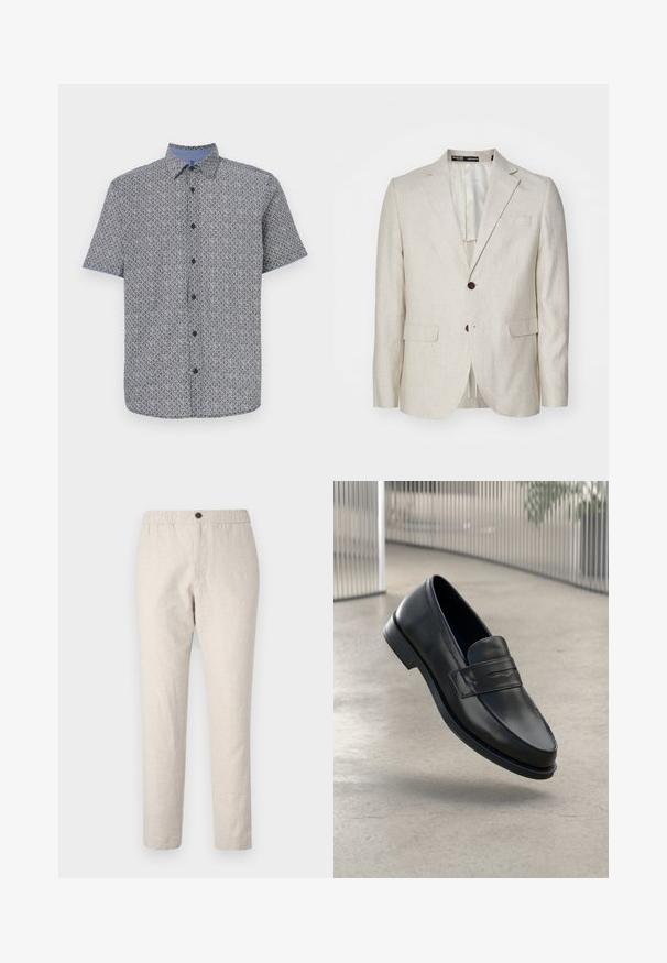 Lichtbeige linnen blazer met een twee-knoops sluiting, getailleerde revers, twee voorzakken en een enkele achteropening. Regular fit ontwerp.; Korte mouw shirt in marineblauw en wit met een geometrisch patroon, knoopsluiting aan de voorkant en contrasterende lichtblauwe kraag en manchetten. Lichte stof.; Lichtbeige linnen broek met een elastische tailleband, een enkele knoopsluiting en een eenvoudige, taps toelopende ontwerp.; Zwarte leren loafer met een gladde textuur, spitse neus en een decoratieve band over de wreef. Lichtgewicht zool, minimalistisch ontwerp.
