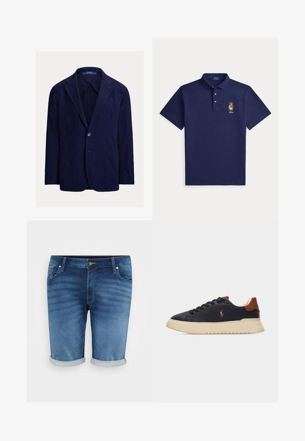 Herreblazer i marineblå fløjl med hakkede revers, enkelt knaplukning, tre lommer og Polo Ralph Lauren-mærke indeni kraven.; Marineblå kortærmet polo-shirt med krave, tre knapper og små broderede bjørn iført rød hat og tørklæde på venstre bryst.; Denim shorts i mellemblå med en let fading, der har knappelukning, fem lommer og opsmøgte kanter for et afslappet look.; Sort lav sneaker med cremefarvet sål, brun hælflig, Polo Ralph Lauren hestelogo på siden og sorte snørebånd på en ensfarvet baggrund.