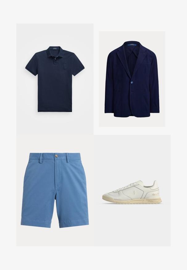 Meeste tumesinise sametist bleiser, millel on sälgulapiga krae, ühe nupuga kinnis, kolm taskut ja Polo Ralph Laureni silt krae sees.; Tumesinine lühikeste varrukate polo särk, mis on valmistatud puuvillast. Särgil on kolme nupuga esipaneel, krae ja vasakul rinnal brodeeritud logo.; Sinised meeste vabaaja lühikesed püksid vööaasadega, esikinnis nupu ja lukuosaga, ühevärvilisel heledal taustal.; Valged madala säärega nahast tossud beežide tallaga, eespaelaga ja Polo Ralph Laureni logodega külgedel ja kandadel.