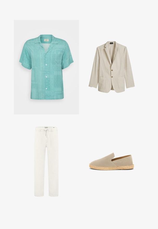 Beiger einreihiger Blazer mit Reverskragen, zwei aufgesetzten vorderen Taschen und zwei braunen Knöpfen, auf weißem Hintergrund dargestellt.; Kurzärmliges, kragenloses Hemd aus leichtem Teal-Stoff mit einem dezenten, gemusterten Design sowie Patches und Texturen. Mit einer Brusttasche.; Weiße Leinenhosen mit einem Kordelzugbund und geradem Bein. Glatte Textur, minimale Details und bequeme Passform.; Beige Wildleder-Espadrille zum Hineinschlüpfen mit juteumwickelter Sohle und niedrigem Absatz, Seitenansicht auf weißem Hintergrund.