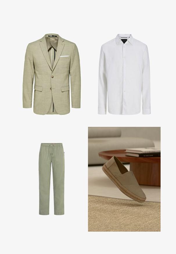 Blazer beige clair avec un tissu texturé, deux poches avant, deux boutons et un mouchoir de poche blanc. Design slim fit avec une doublure contrastante.; Chemise blanche à manches longues boutonnée avec col classique, présentée sur un fond uni, vue de face.; Pantalon vert clair à jambes droites avec taille élastique et cordon de serrage, fabriqué en tissu doux.; Chaussure beige à enfiler avec semelle tressée survolant un tapis texturé, avec une table ronde en bois et des livres empilés en arrière-plan.