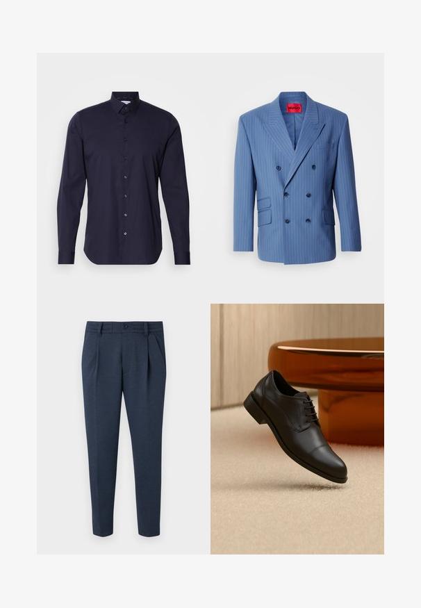 Blauwe dubbelzijdige blazer met witte krijtstrepen, afgeronde revers en twee zakken aan de voorkant. Voorzien van zes bijpassende knopen aan de voorkant.; Marineblauwe overhemd met lange mouwen, klassieke kraag en een slanke pasvorm. Gemaakt van een gladde stof met een subtiele logo op de borst.; Navyblauwe op maat gemaakte broek van textuurstof, met een ritssluiting, single knoopsluiting en twee voorzakken met plooien.; Zwarte leren formele oxfordschoen met veters zwevend boven een beige tapijt, met een ronde bruine tafel op de achtergrond.
