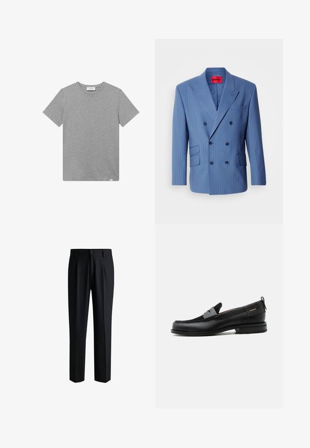 Blauer, doppelreihiger Blazer mit weißen Nadelstreifen, abgerundeten Revers und zwei Vorderentaschen. Mit sechs passenden Knöpfen vorne.; Graues kurzärmeliges T-Shirt aus einem Baumwoll-Mischgewebe. Es verfügt über einen runden Halsausschnitt und ein kleines Logodetail auf der linken Vorderseite.; Schwarze Hose aus glattem Stoff, mit geradem Bein-Design, Falten vorne und einem Knopfverschluss mit Gürtelschlaufen.; Schwarzer Lederloafer mit grauem Riemendetail, niedrigem Absatz und strukturierter Sohle, seitlich mit „HUGO“ in Gold gebrandmarkt.