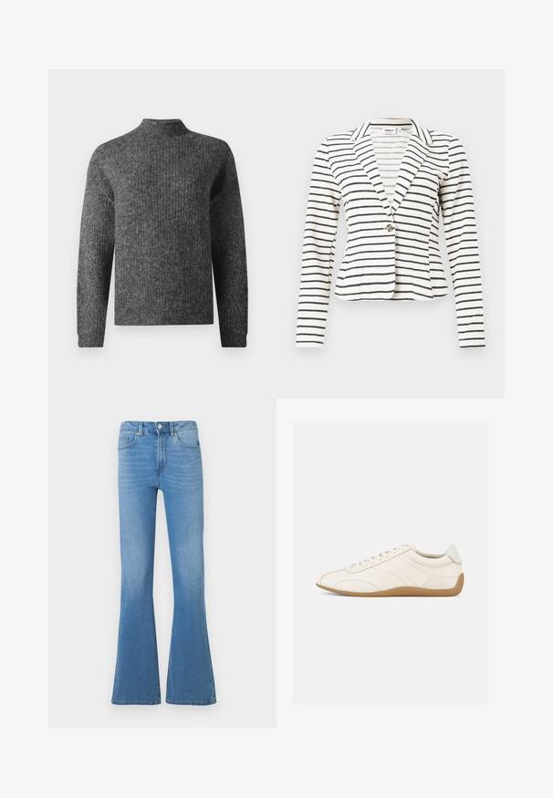 Hvid blazer med sorte vandrette striber, enkelt knaplukning, revers med hak og lange ærmer.; Mørkegrå strikket sweater med lange ærmer og en kort mock neck, vist fra forsiden på en hvid baggrund.; Lyseblå denim jeans med vidde ved benene og en talje i mellemhøjde, der har forlommer og lukning med knap. Glat tekstur og klassisk design med fem lommer.; Hvid lædersneaker med en glat tekstur, rund tå og tonale syninger. Har en tanfarvet gummisål og snørebånds-lukning.
