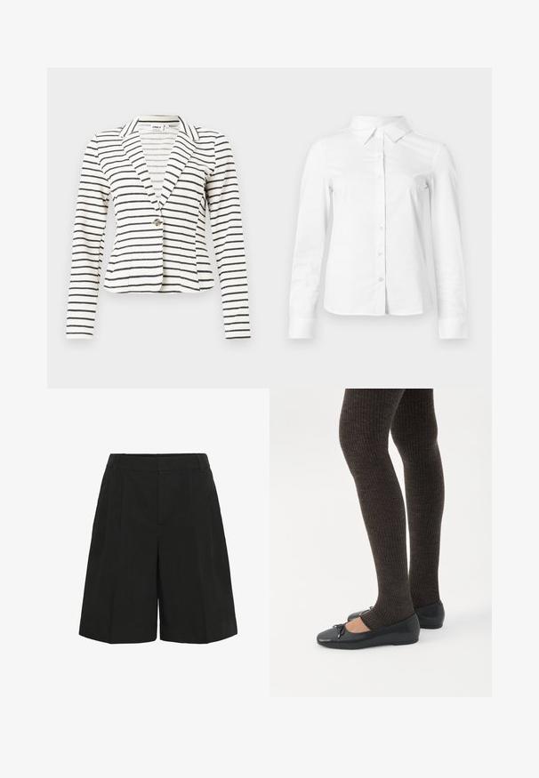 Blazer blanc à rayures horizontales noires, fermeture à un bouton, col à revers cranté et manches longues.; Chemise blanche à manches longues avec boutons, col pointu, ourlet droit et silhouette ajustée, présentée sur un fond clair uni.; Shorts noirs sur mesure longueur genou avec passants de ceinture et plis à l'avant, présentés sur fond blanc.; Jambes portant des leggings côtelés foncés associés à des ballerines noires avec de petits détails en nœud sur fond blanc.