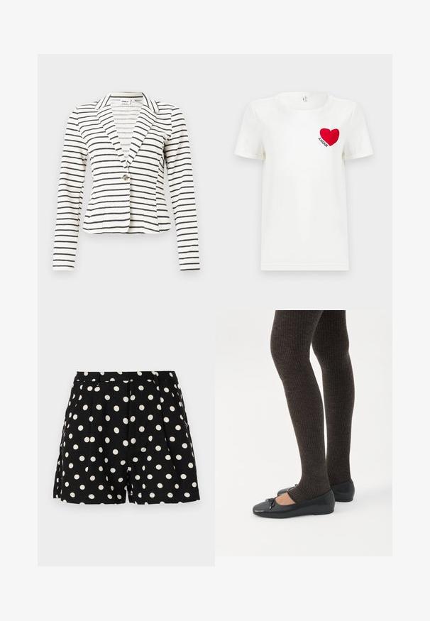 Blazer blanc à rayures horizontales noires, fermeture à un bouton, col à revers cranté et manches longues.; T-shirt blanc à manches courtes avec un cœur rouge et le mot "AMOUR" imprimé sur la zone gauche de la poitrine.; Shorts noirs à pois blancs, avec des plis à l'avant et des poches latérales. Fabriqués en tissu léger.; Jambes portant des leggings côtelés foncés associés à des ballerines noires avec de petits détails en nœud sur fond blanc.