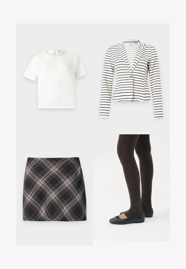 Blazer blanc à rayures horizontales noires, fermeture à un bouton, col à revers cranté et manches longues.; Chemise blanche à manches courtes avec encolure ronde, bordure délicate en crochet beige et petits pompons, fermeture par boutons dans le dos.; Jupe mini à carreaux noir et beige avec un motif à checks diagonal, taille ajustée et texture de tissu lisse.; Jambes portant des leggings côtelés foncés associés à des ballerines noires avec de petits détails en nœud sur fond blanc.