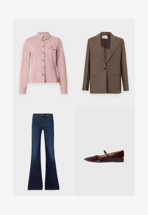 Veste en laine marron avec col cranté, fermeture à un bouton, deux poches avant, et doublure intérieure marron soyeuse. Design structuré.; Chemise rose clair à manches longues avec des boutons marron sur le devant, rabat de poche poitrine boutonné et petit col sur fond blanc.; Jean en denim bleu foncé avec taille haute, fermeture par bouton et fermeture éclair, poches avant et arrière, et jambes évasées.; Ballerines en cuir verni bordeaux de type Mary Jane avec un bout pointu, un talon plat et une sangle décorative avec une boucle circulaire.