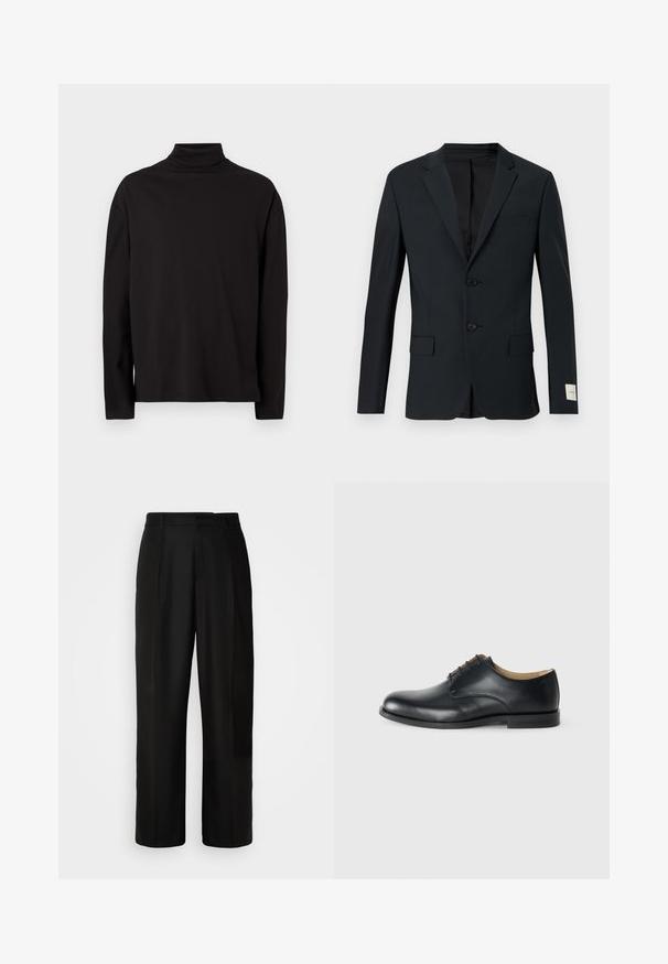 Blazer azul marino oscuro, de un solo botón con dos botones, solapas con muesca y dos bolsillos frontales. Tela suave con una sutil textura.; Suéter de cuello vuelto negro de manga larga, elaborado con una tela suave y lisa, que tiene un corte holgado y carece de patrones o acentos visibles.; Pantalones negros con corte recto, textura suave, pliegues frontales y cintura estándar. Diseño minimalista sin patrones adicionales.; Calvin Klein ESS DERBY - Zapatos de vestir - triple black